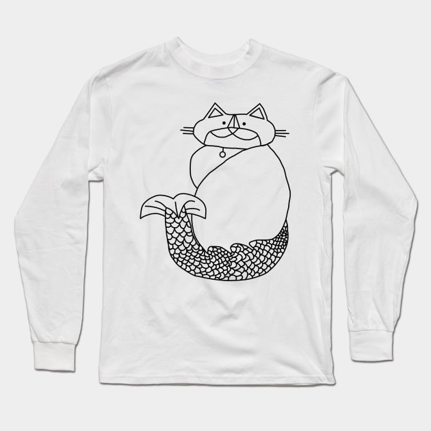 Kevin MerCat the Cat Mermaid Black Line Drawing Long Sleeve T-Shirt by ellenhenryart